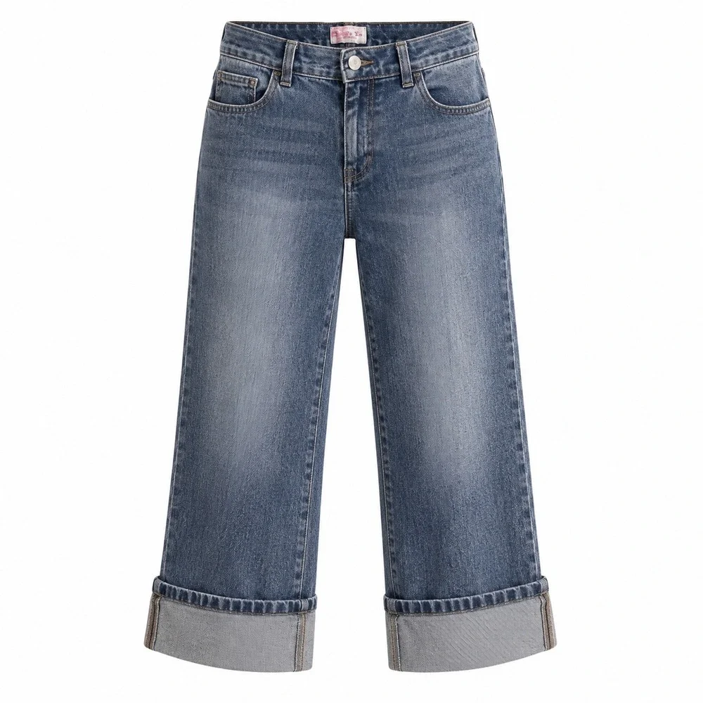 Santa Fe Jeanswear Girls Blue Denim Capri Pants Size 10 Wide Cuff Medium Wash